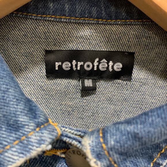 Retrofete Tori Denim Jumpsuit Size Medium Short Puff Sleeve Button Front w Belt - Picture 4 of 12